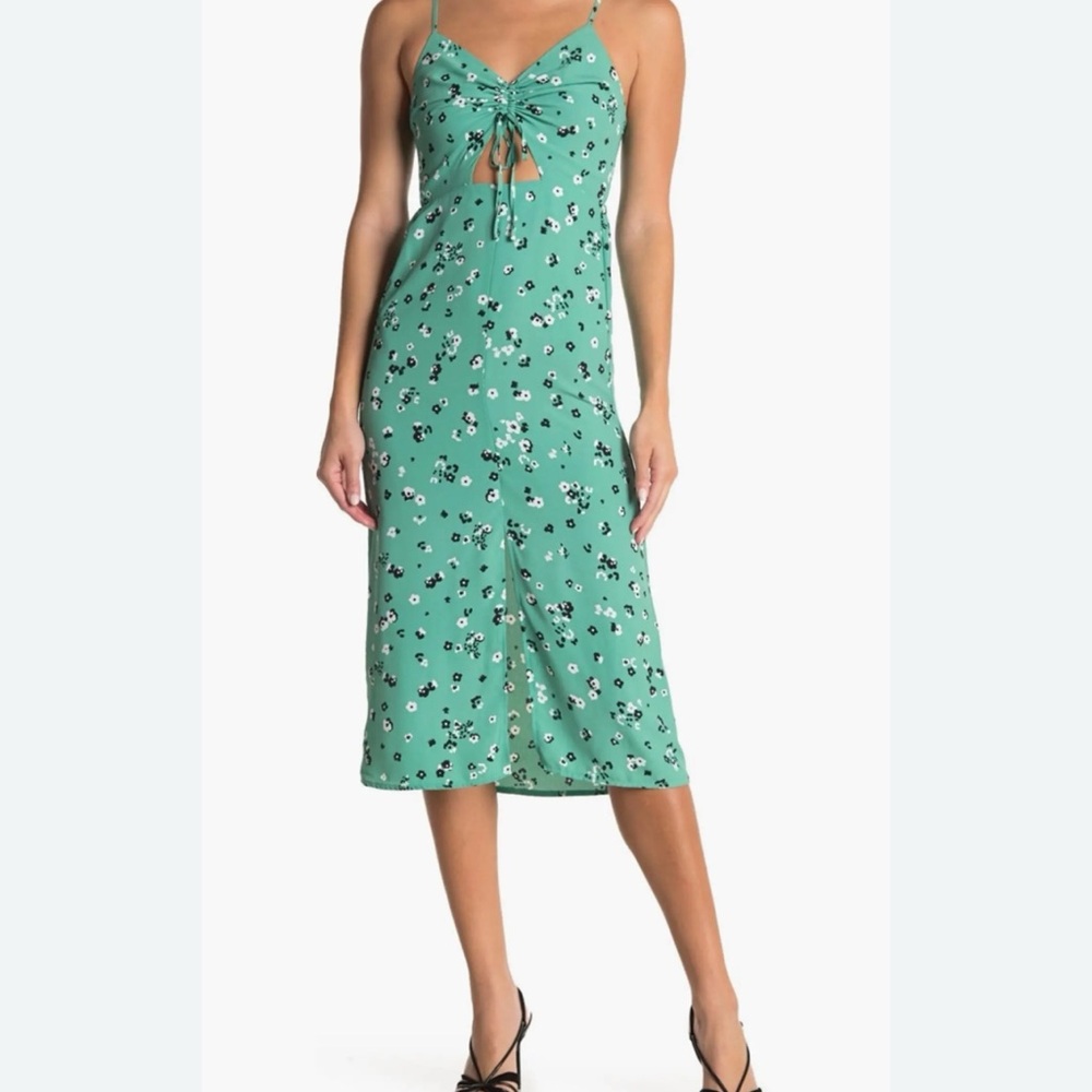 Topshop Green Ruched Slip Midi Dress